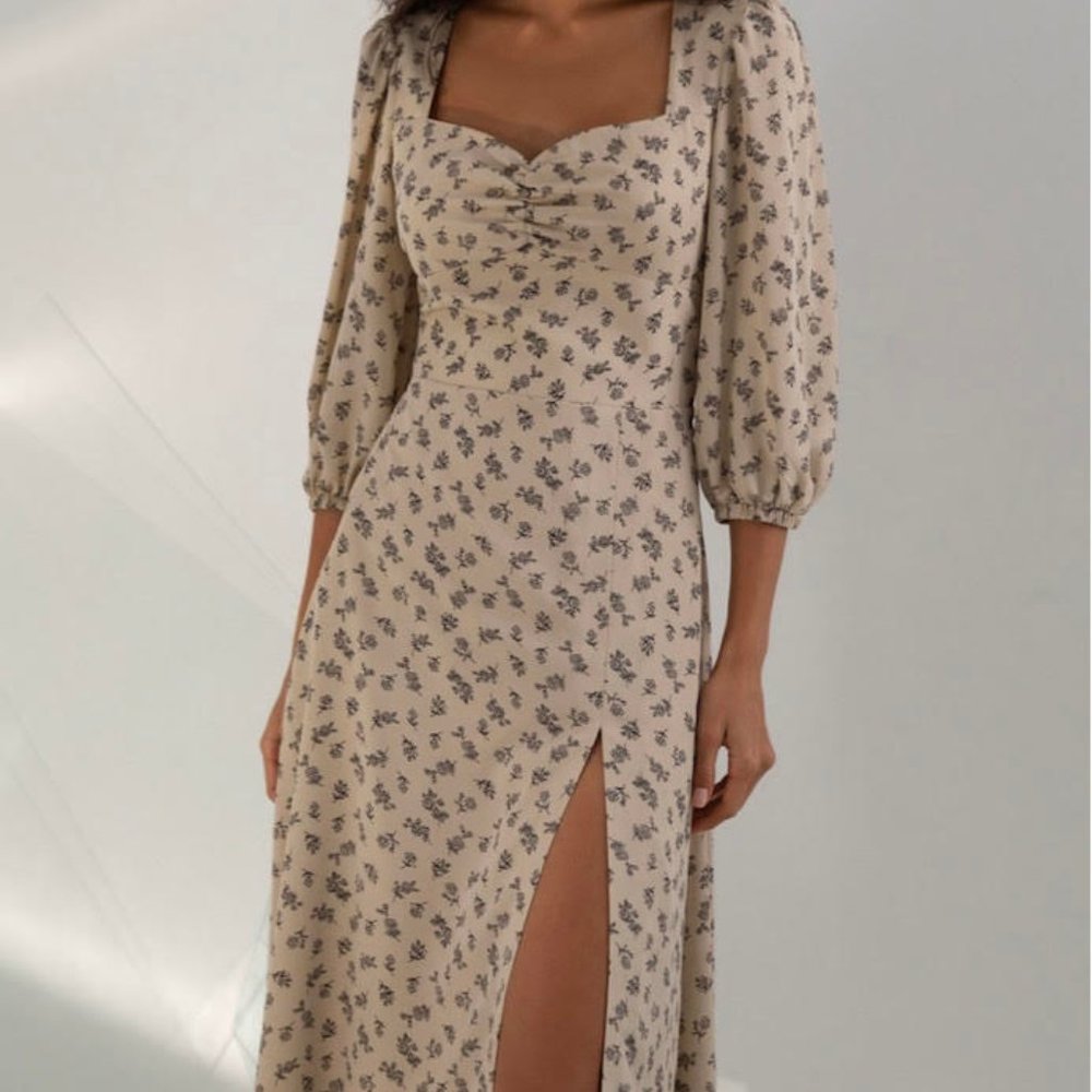Beige Flower Pattern Midi Dress